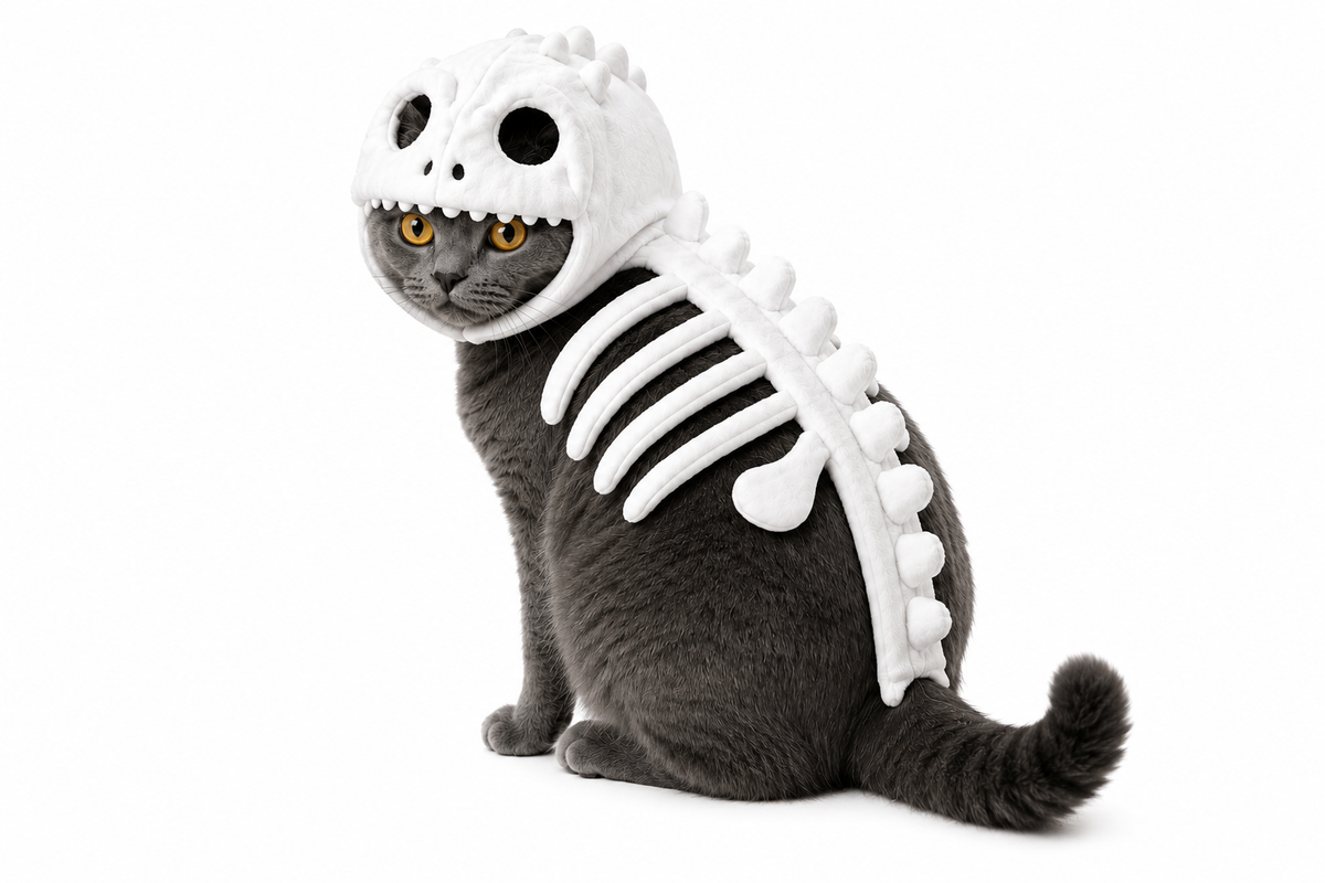 Dinosaur Skeleton Glow in Dark Cat Costume, Plush Halloween Pet Hood Outfit