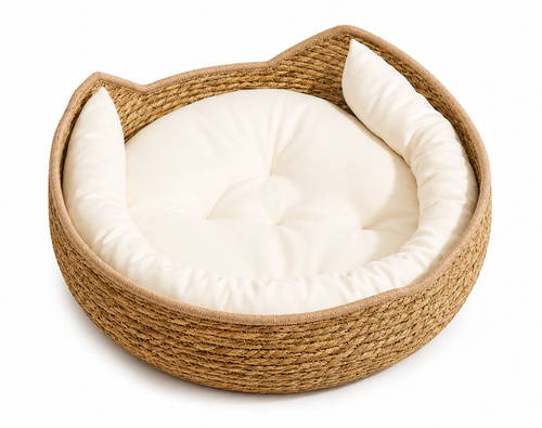 Cat Basket Bed Cotton Rope Round Bed for Cat Sleep with Pillow All Season Indoor Weaving Pet Resting Scratching Sleeping