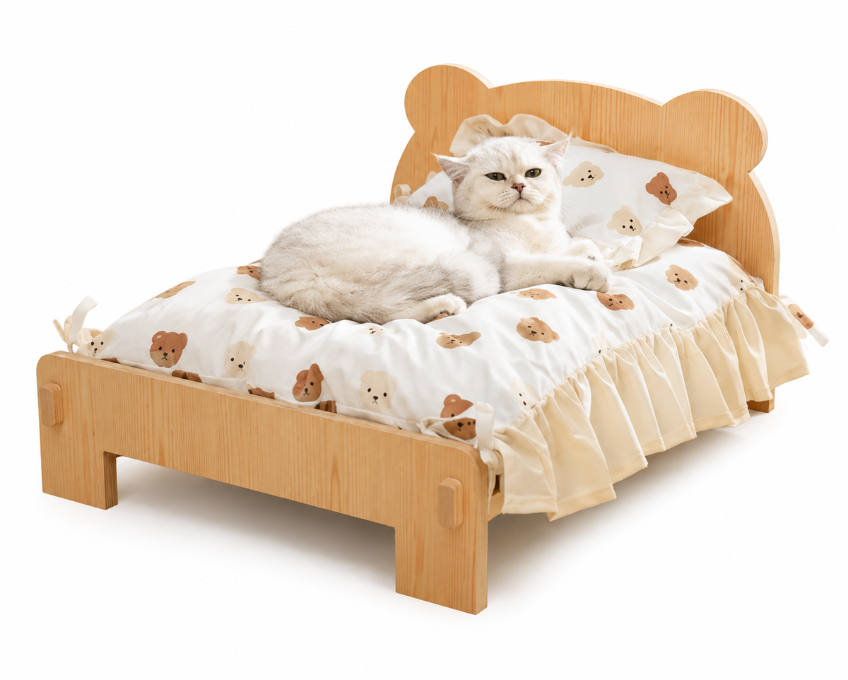 Cat Bed Wooden Cat And Dog Bed With Teddy Bear Pattern Indoor Pet Furniture Floor To Ceiling Bed(20*11inch)Comfortable Durable