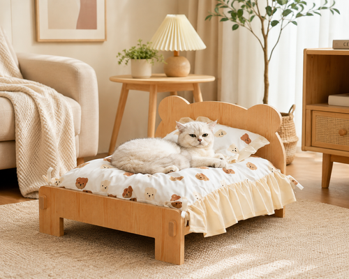 Cat Bed Wooden Cat And Dog Bed With Teddy Bear Pattern Indoor Pet Furniture Floor To Ceiling Bed(20*11inch)Comfortable Durable
