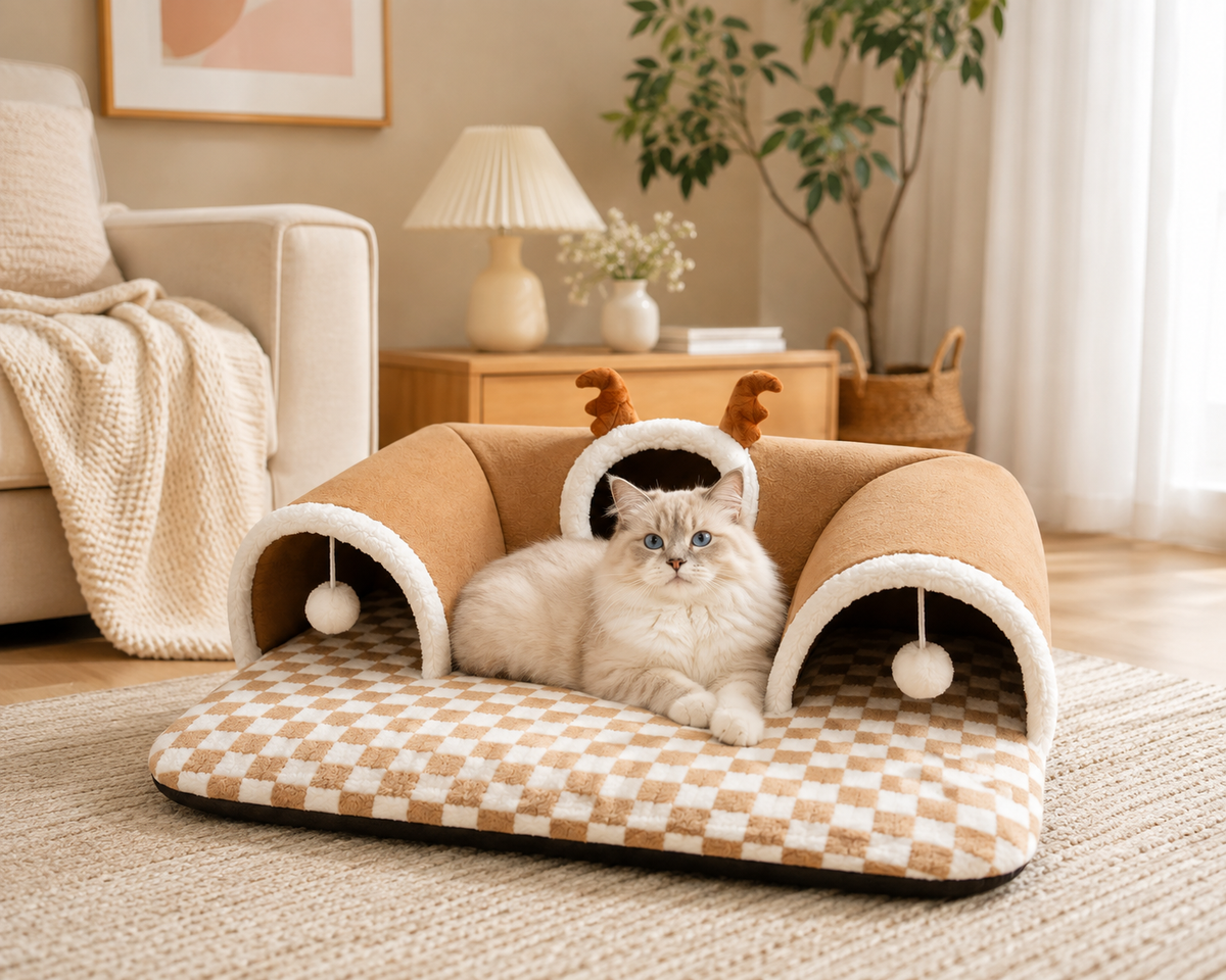 Cat Bed and Play Tunnel Warm House Tent with Plush Mat Indoor Hideaway Corner Shelter Foldable Pet Furniture for Kittens Cats