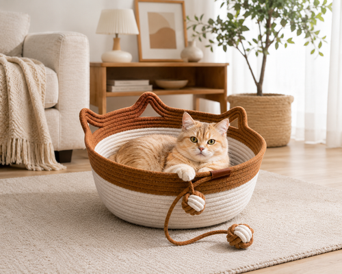 Caramel Handwoven Cat Bed Cotton Rope Basket with Toy Ball Durable Scratchable Resting Nest for Kittens Indoor Cats