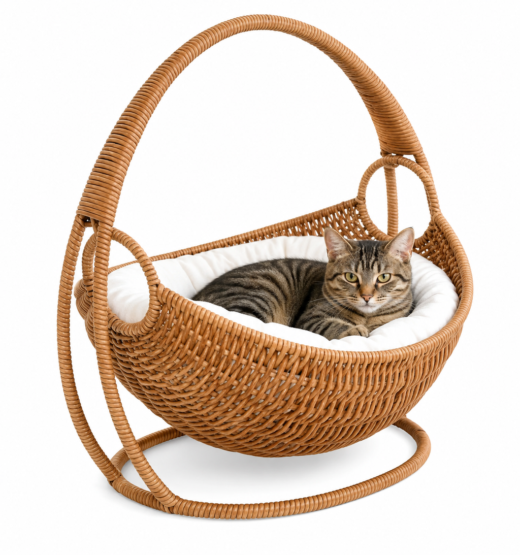 Faux Woven Cat Bed Semi Enclosed Cat Cave Bed Waterproof Indoor Cat House Basket Style Pet Bed for Cats