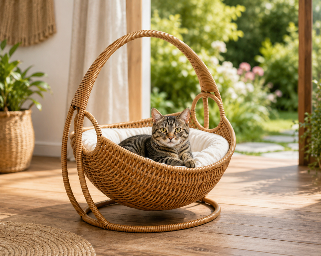 Faux Woven Cat Bed Semi Enclosed Cat Cave Bed Waterproof Indoor Cat House Basket Style Pet Bed for Cats
