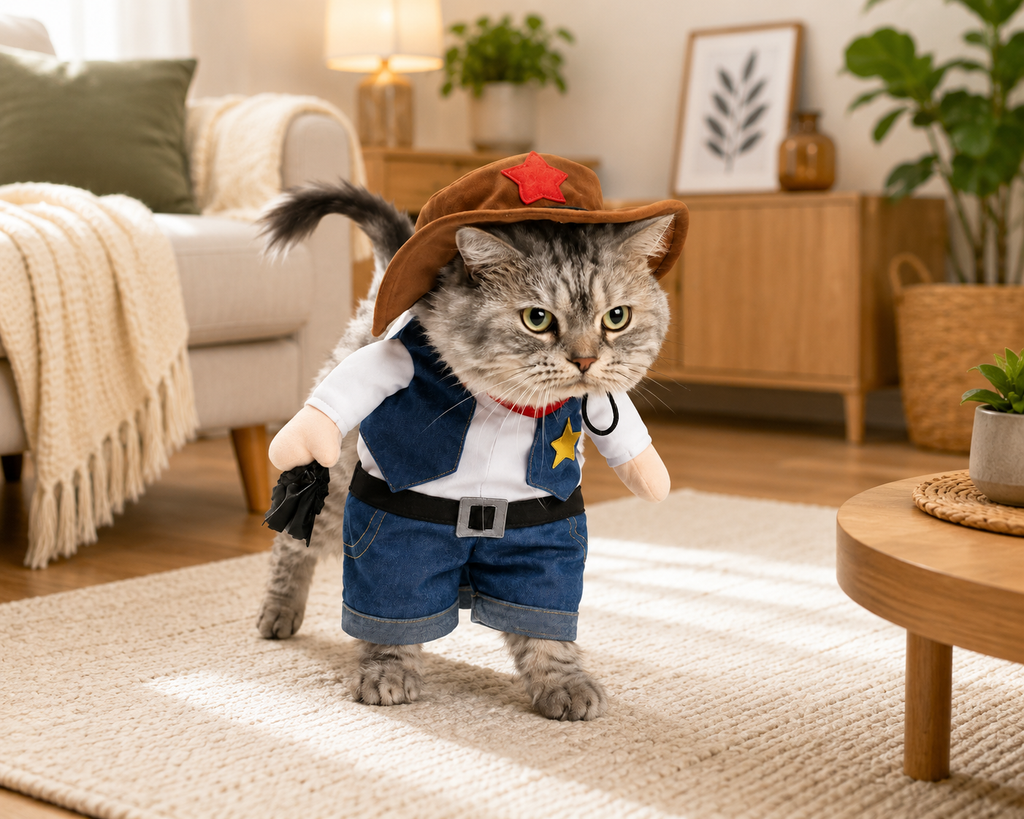 Cowboy Verwandlungs-Haustierkostüm Lustiges Katzen-Cosplay-Outfit mit Hut Halloween-Weihnachtsfeier-Verkleidungskleidung für kleine und mittelgroße Tiere