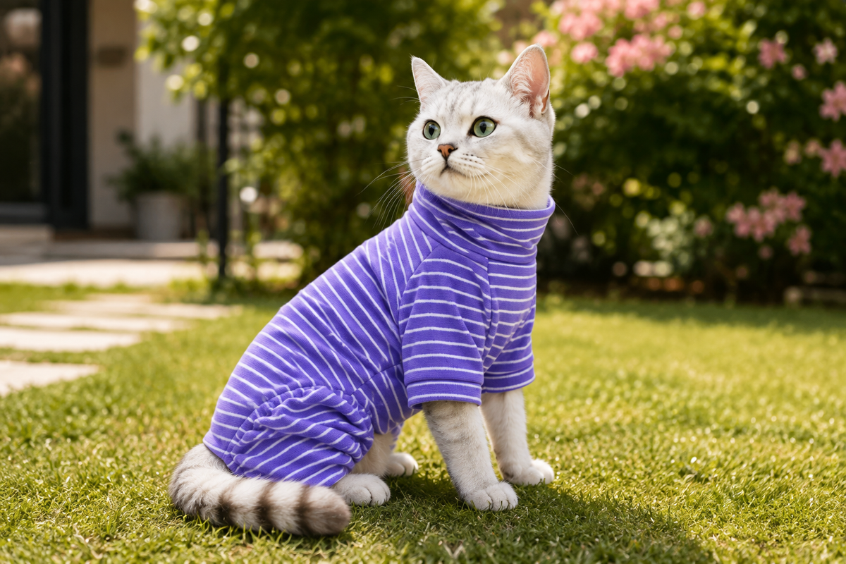 Winter Clothes for Cat, Stripped Cotton 4-legged Coat For Sphnx,Long sleeves Undershirt for Kittens, Devon Rex Jumpsuit