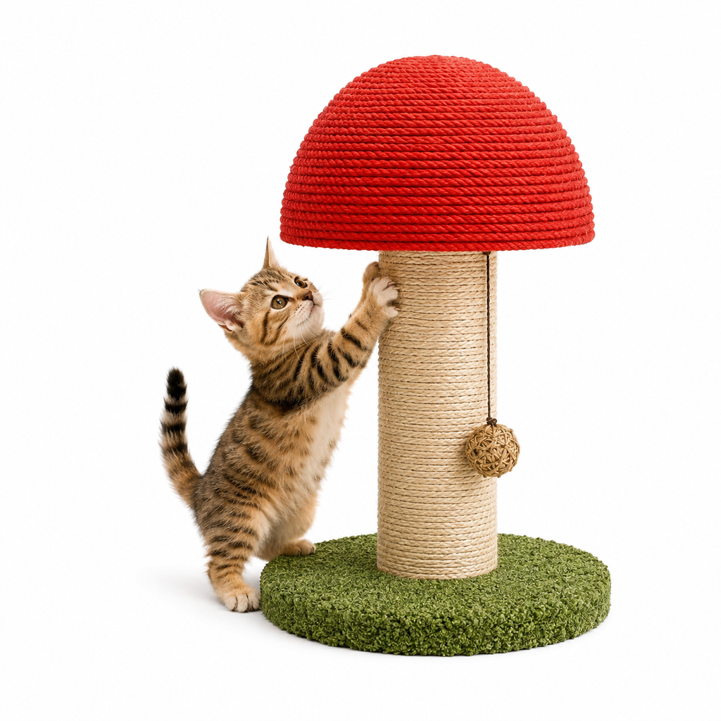 Roter Katzenkratzbaum in Pilzform mit Sisal-Kratzfläche, Mini-Haustiervilla & grünem Pompon-Sockel