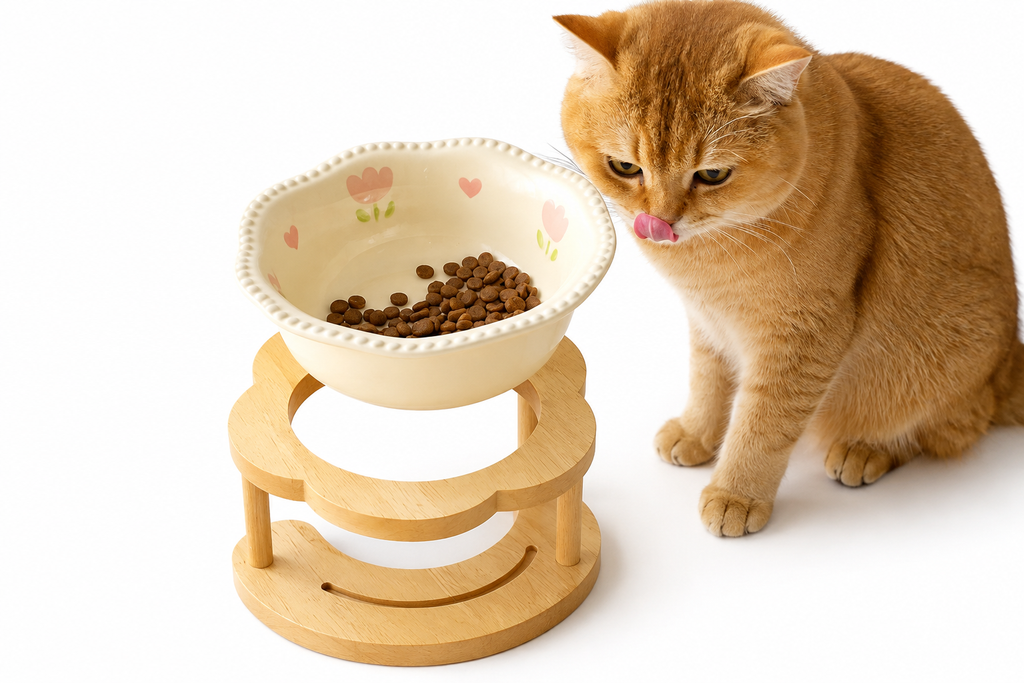 Ceramic Pet Cat Bowl High-legged Wooden Frame Drinking Water Feeding Bowl Cat Dog Pet Supplies Accessories