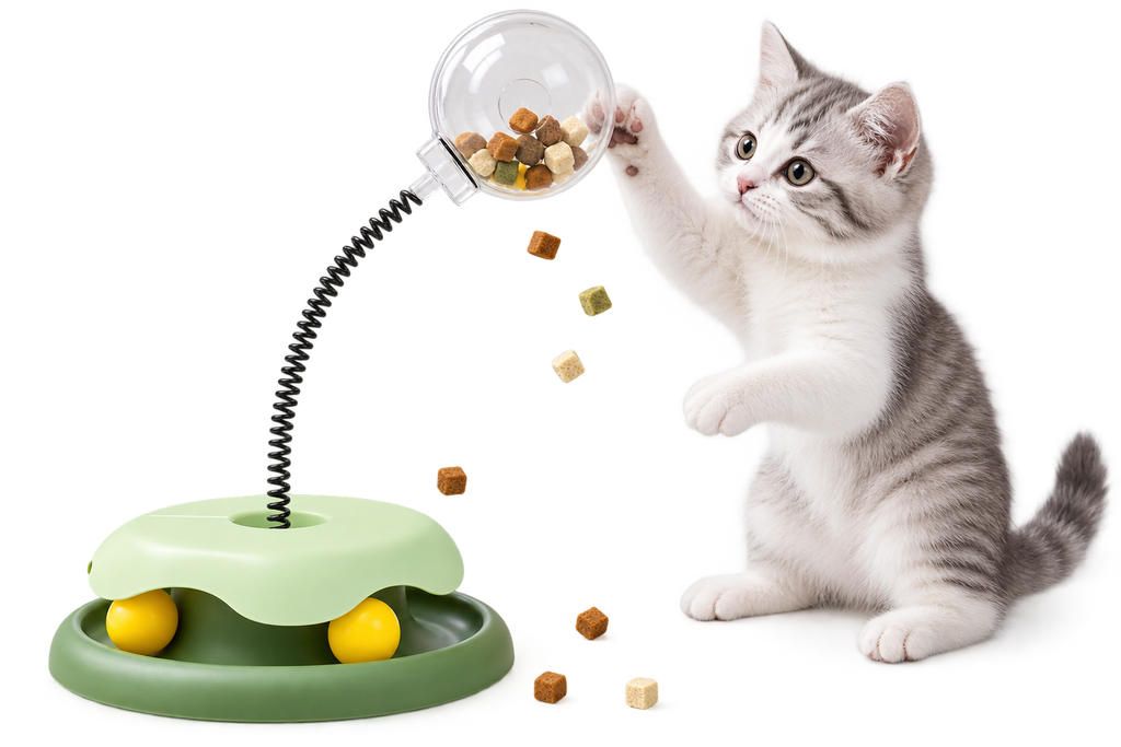 Cat Feeder Toy for Indoor Cat Slow Feeders Spring Toy Funny Track Ball Roller Turntable Exercise and Playing