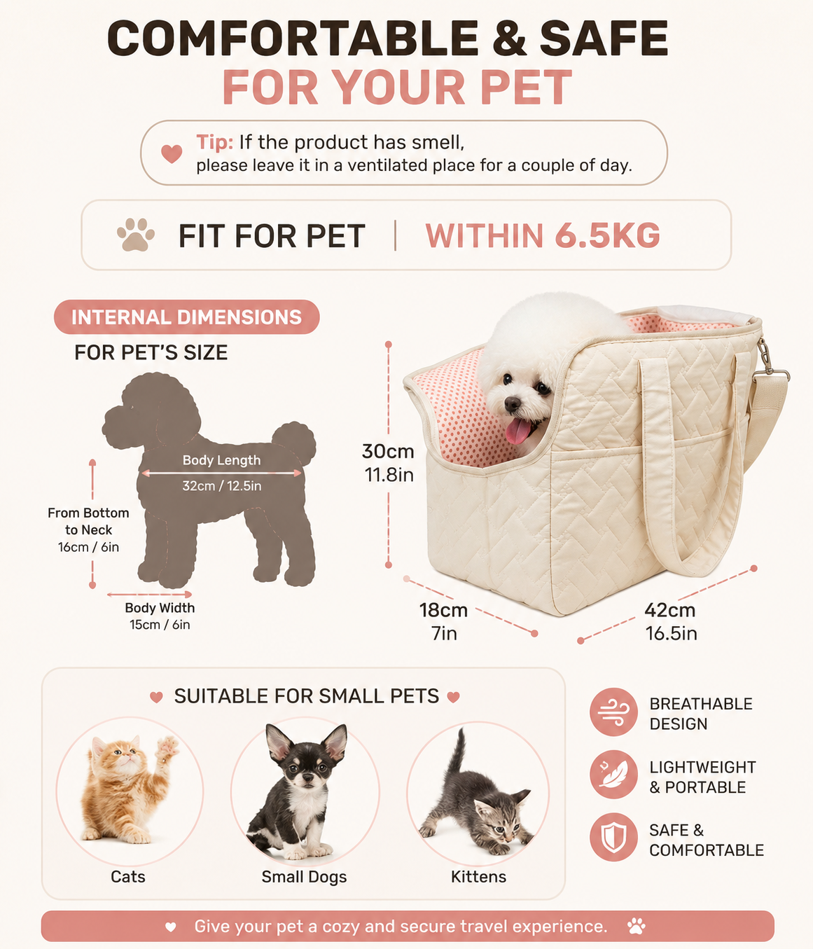 Pet Carrier Bag for Travel Portable, Breathable Car Pet Bag for Small Dogs and Cats, Handheld Travel Pet Bag for 6.5Kg