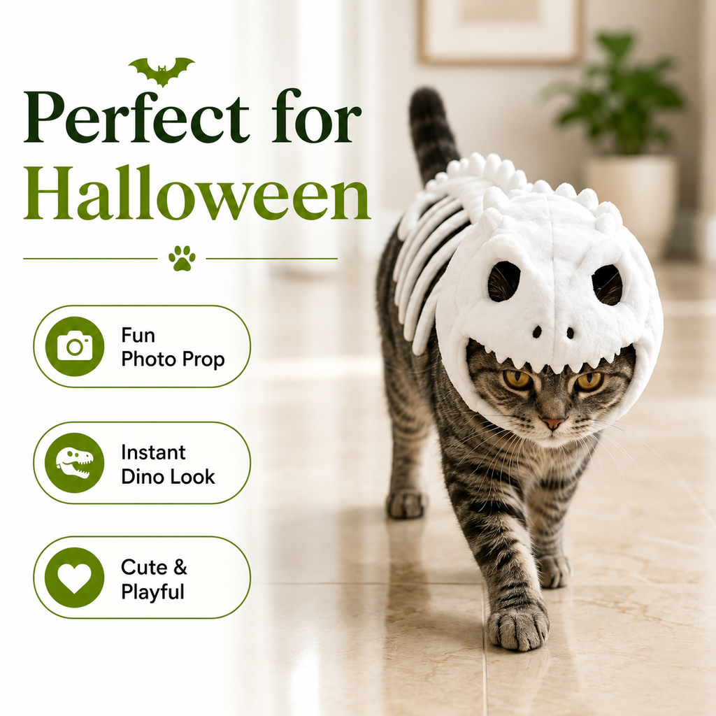 Dinosaur Skeleton Glow in Dark Cat Costume, Plush Halloween Pet Hood Outfit