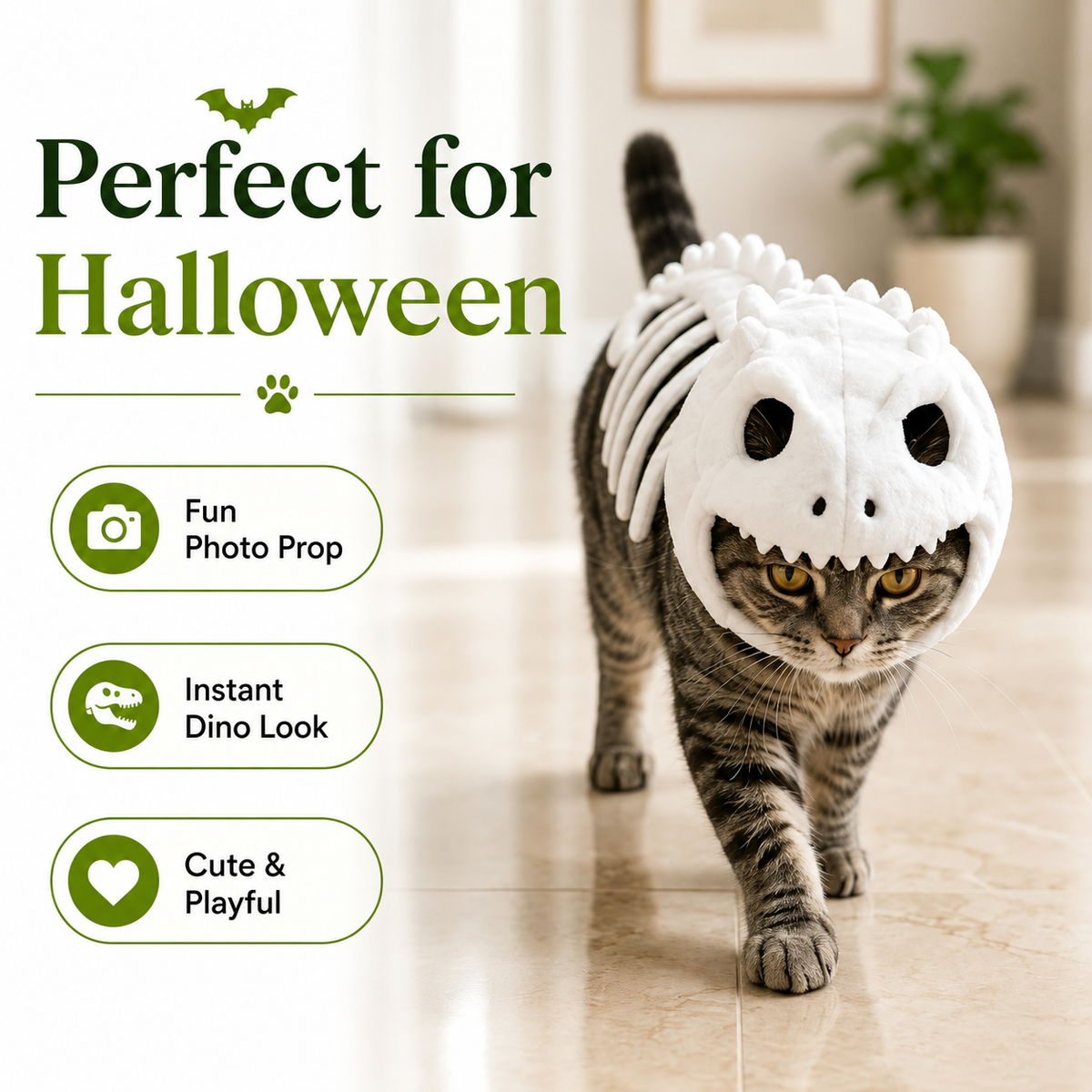 Dinosaur Skeleton Glow in Dark Cat Costume, Plush Halloween Pet Hood Outfit