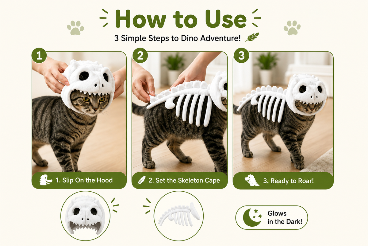 Dinosaur Skeleton Glow in Dark Cat Costume, Plush Halloween Pet Hood Outfit