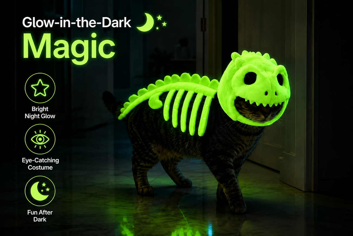 Dinosaur Skeleton Glow in Dark Cat Costume, Plush Halloween Pet Hood Outfit