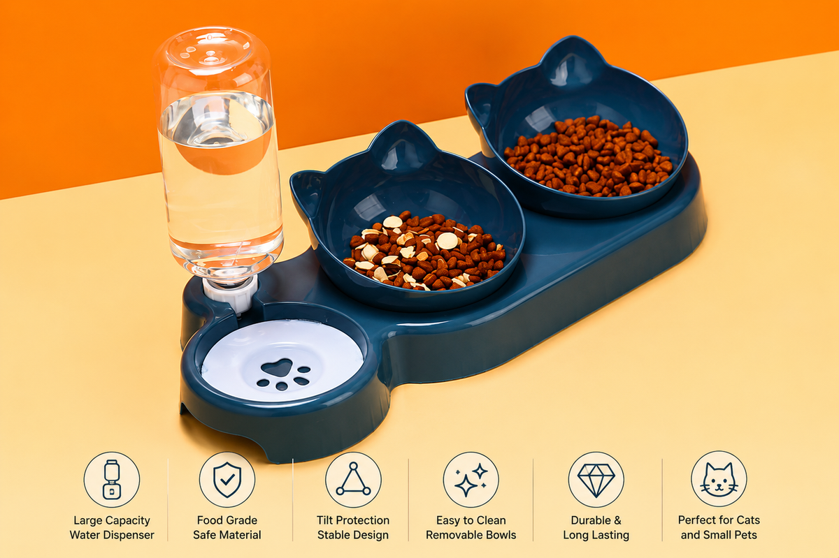Pet Bowls With Water Feeder, 3 In 1 Ear Design Tilted Cat Water And Food Bowl Set With Gravity Water Bottle For Neck Protection