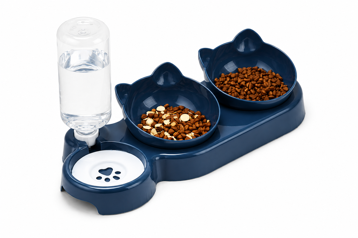 Pet Bowls With Water Feeder, 3 In 1 Ear Design Tilted Cat Water And Food Bowl Set With Gravity Water Bottle For Neck Protection