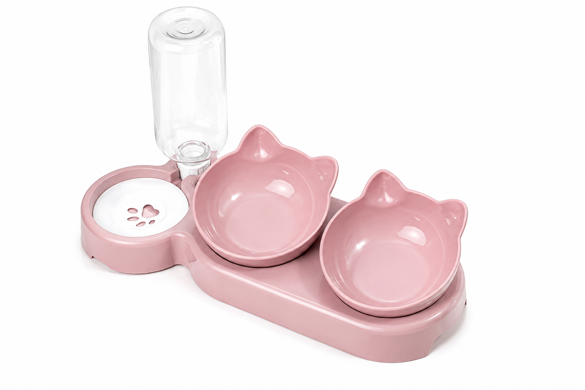 Pet Bowls With Water Feeder, 3 In 1 Ear Design Tilted Cat Water And Food Bowl Set With Gravity Water Bottle For Neck Protection