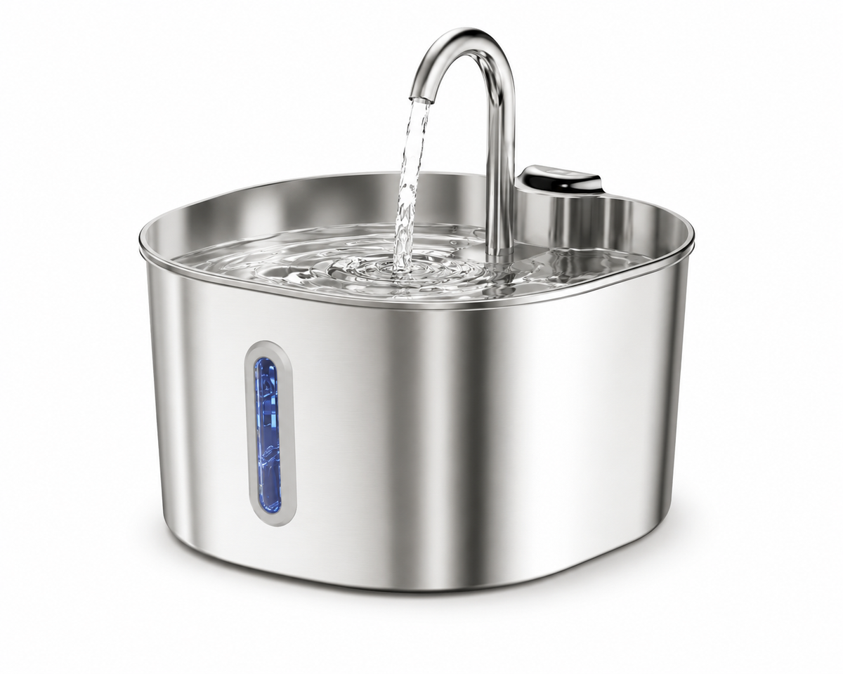 ZYFeeder 2.2L Automatic Cat Water Fountain Square Stainless Steel Pet Water Feeder Dog Water Fountain with window（No 5V 1A Plug）