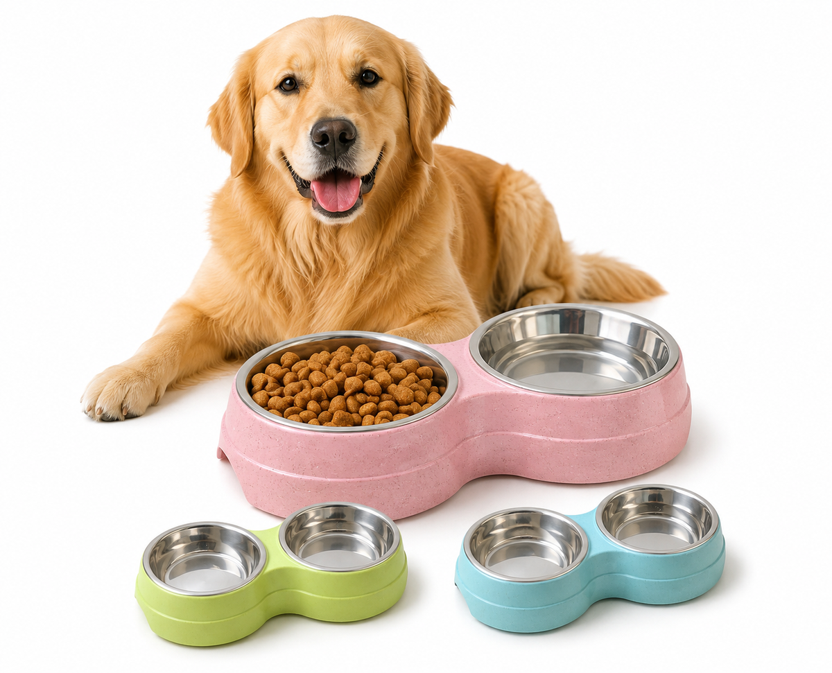 Dual Bowl Stainless Steel Double Pet Bowls for Dogs and Cats - Non-Skid Base - Perfect for Food and Water - Easy to Clean