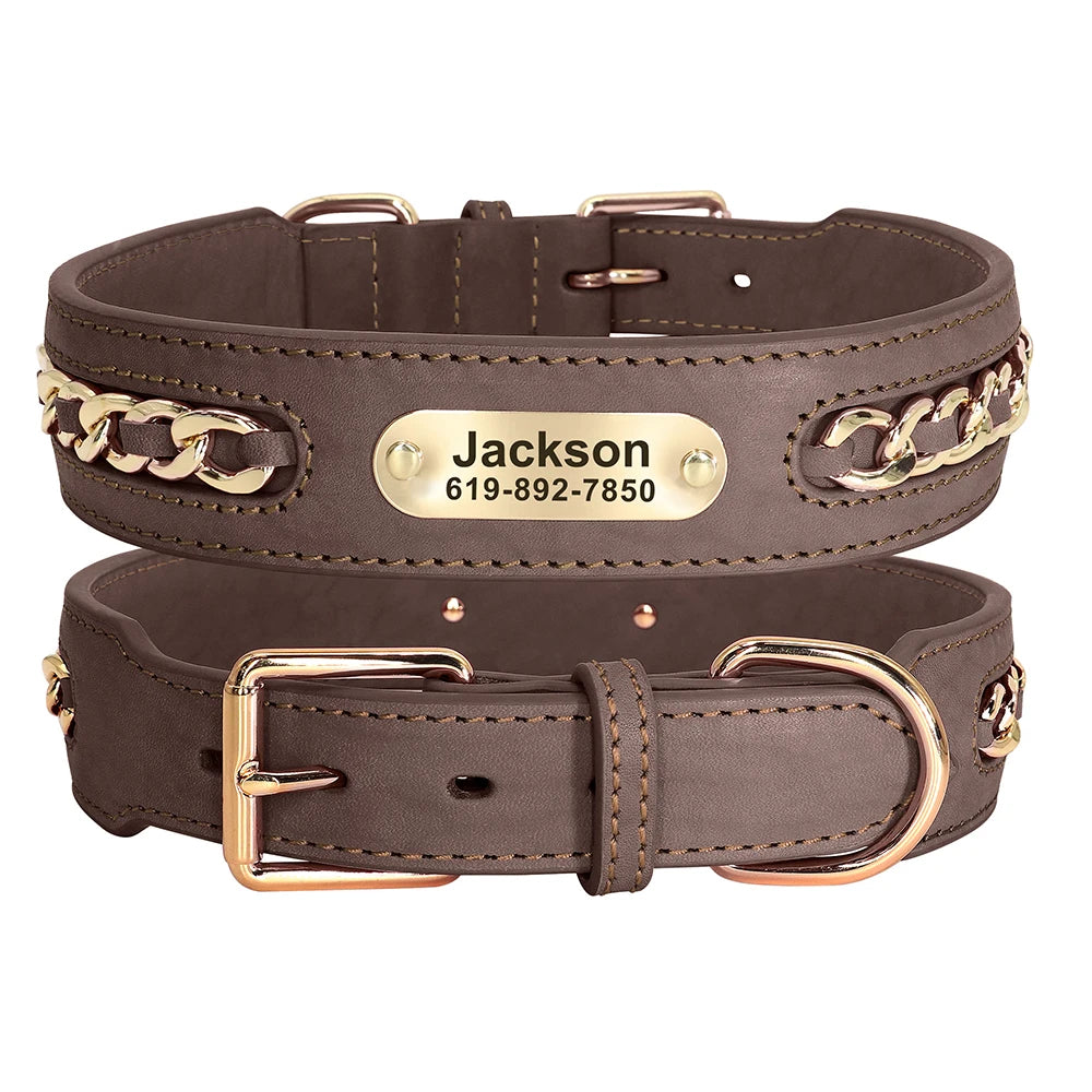 Hundehalsband aus echtem Leder für große Hunde, ID-Halsband mit kostenloser Namensgravur für kleine, mittlere und große Hunde, Metall-Design
