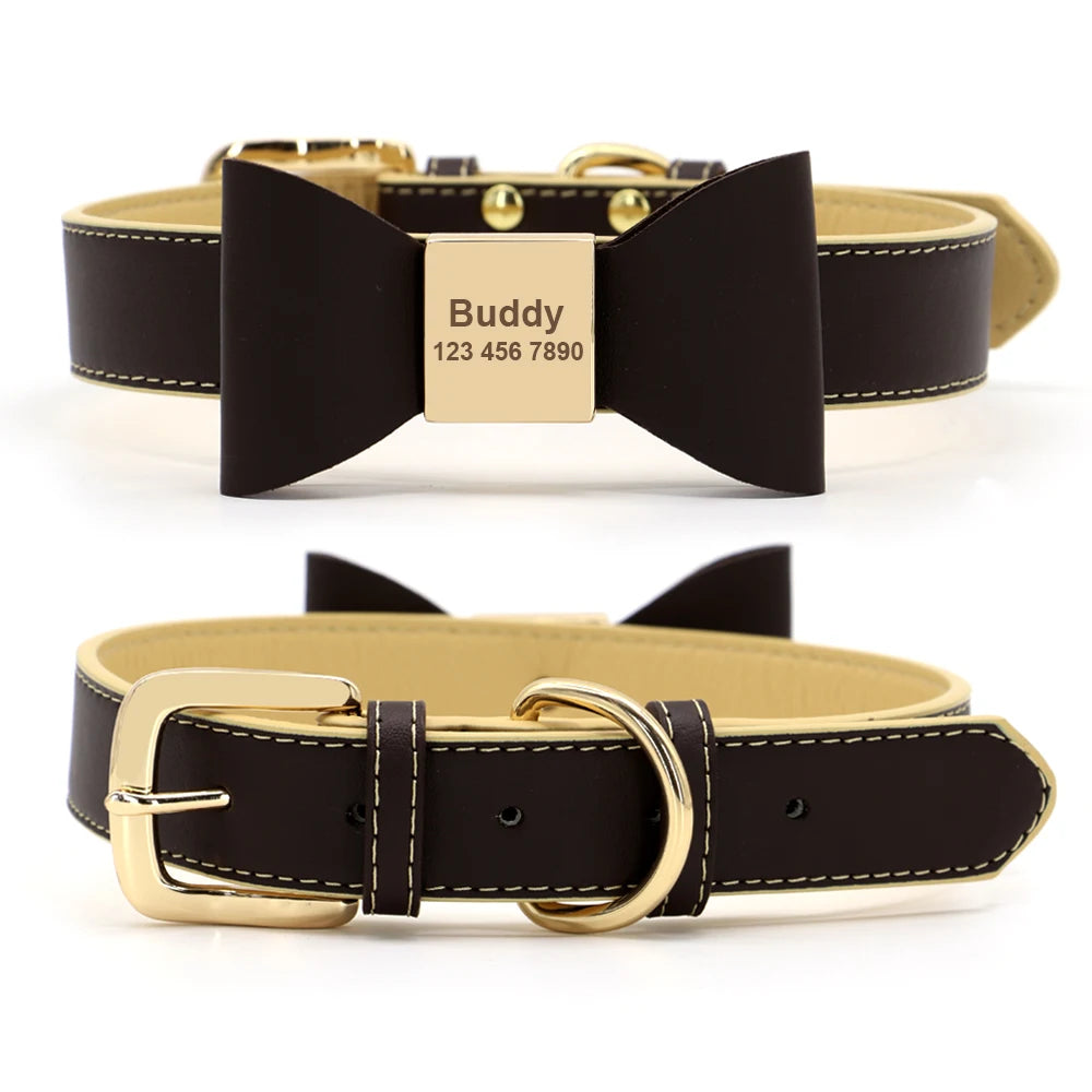 Custom PU Leather Dog Collar Soft Bowknot Pet Collars 8 Colors Free Engraved Name Puppy Cat Necklace for Small Medium Large Dogs