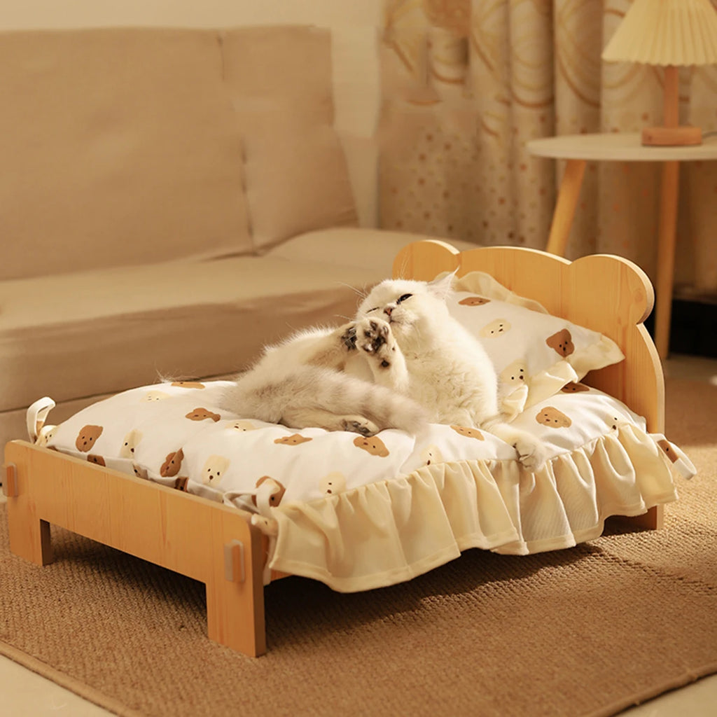 Katzenbett Holz Katze und Hundebett mit Teddybär-Muster Innenmöbel für Haustiere, vom Boden bis zur Decke (20*11 Zoll), bequem, langlebig