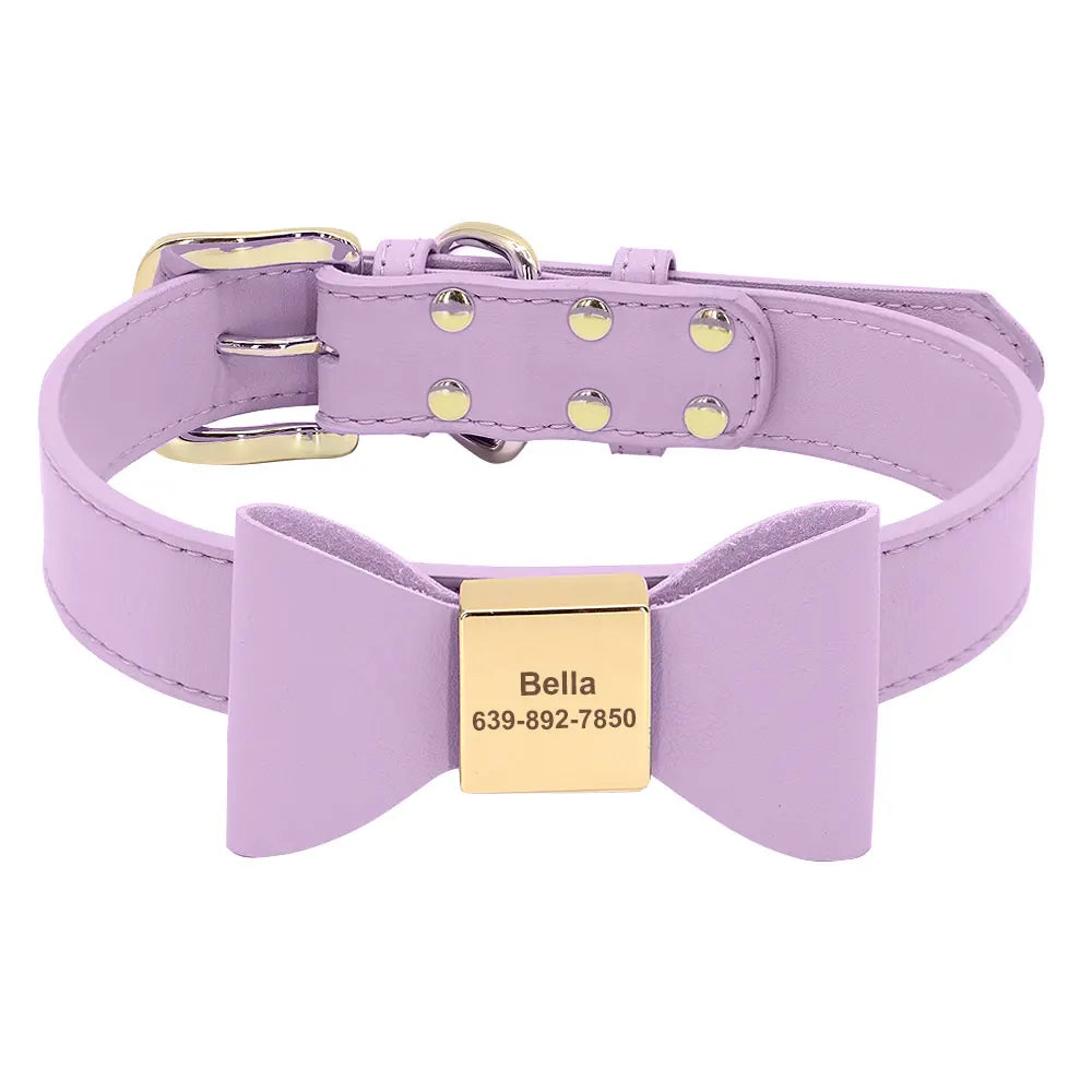 Custom PU Leather Dog Collar Soft Bowknot Pet Collars 8 Colors Free Engraved Name Puppy Cat Necklace for Small Medium Large Dogs