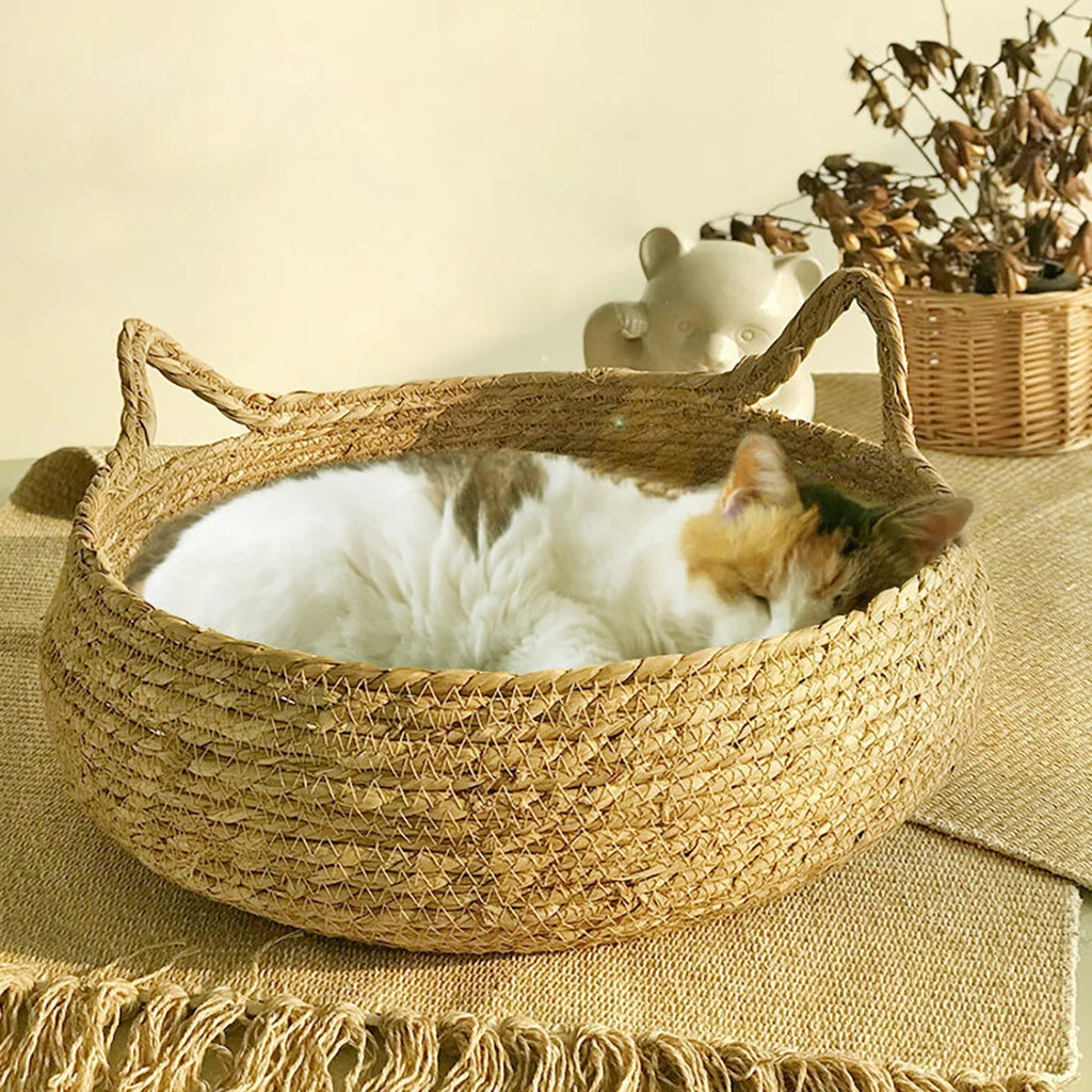 Katzenbett Haus Hundezwinger Rattan Stroh Geflochtenes Kätzchenkissen Korb Zelt Kratzbaum Welpenhöhle Nestmatte Indoor Haustierbedarf