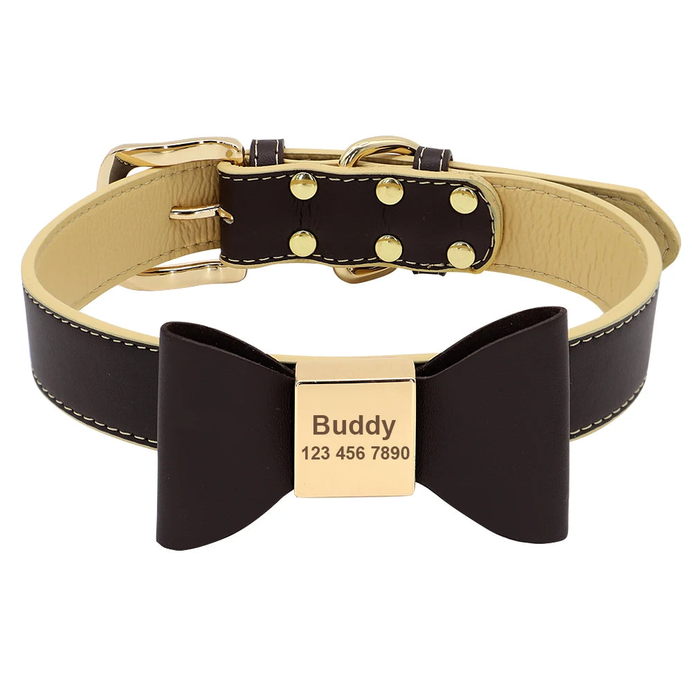 Custom PU Leather Dog Collar Soft Bowknot Pet Collars 8 Colors Free Engraved Name Puppy Cat Necklace for Small Medium Large Dogs