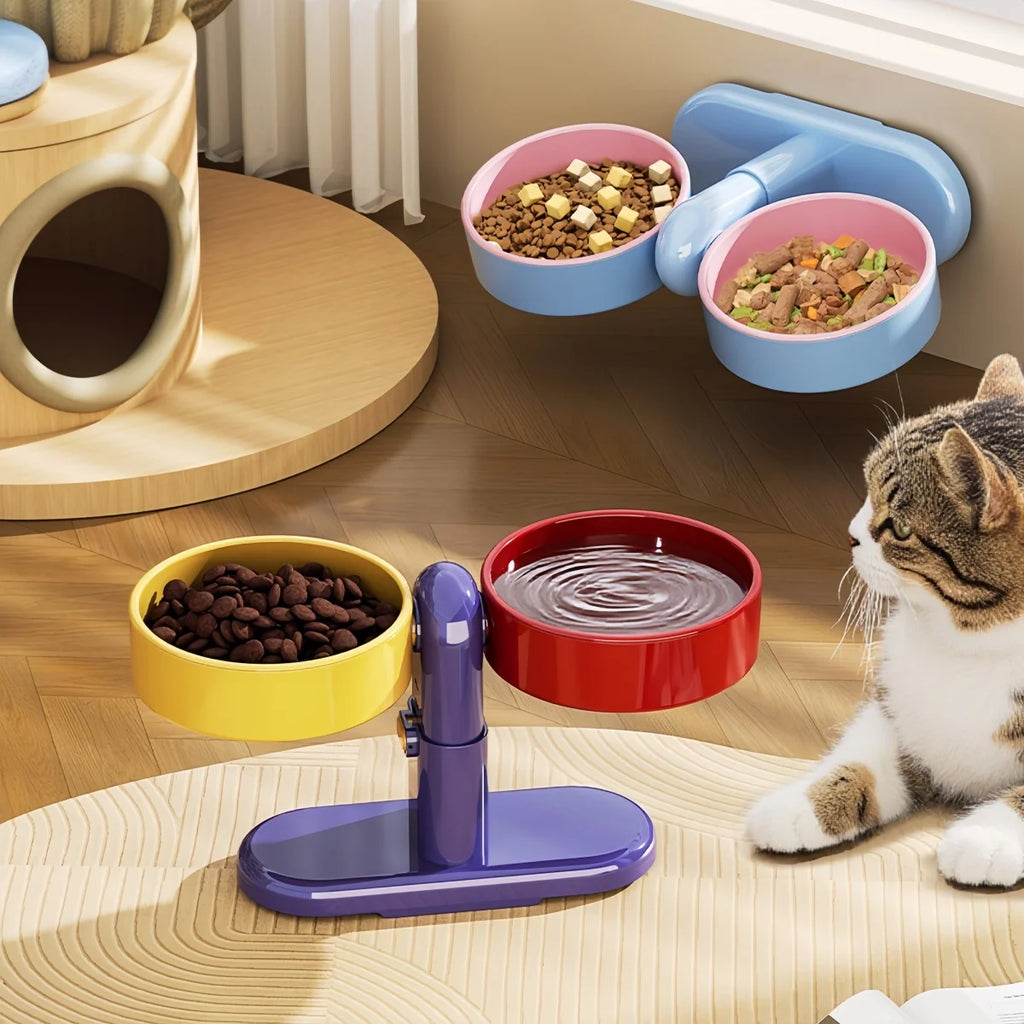 Double Color Pet Cat Feeder High-legged Dual Bowl 360 Rotatable Detachable Suction Cup Feeding Bowl for Cats