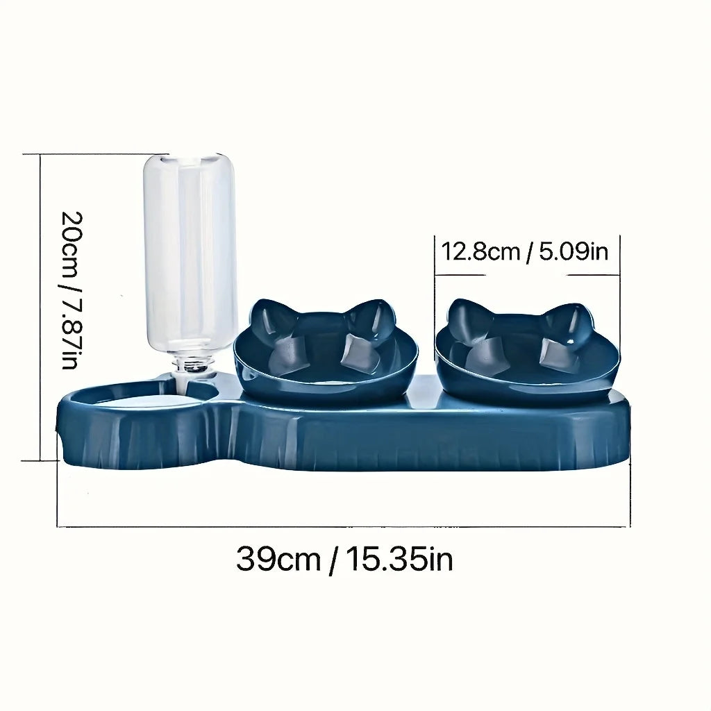 Futternäpfe mit Wasserspender, 3-in-1-Ohrdesign geneigter Katzen-Wasser- und Futternapf-Set mit Schwerkraft-Wasserflasche für Nackenschutz