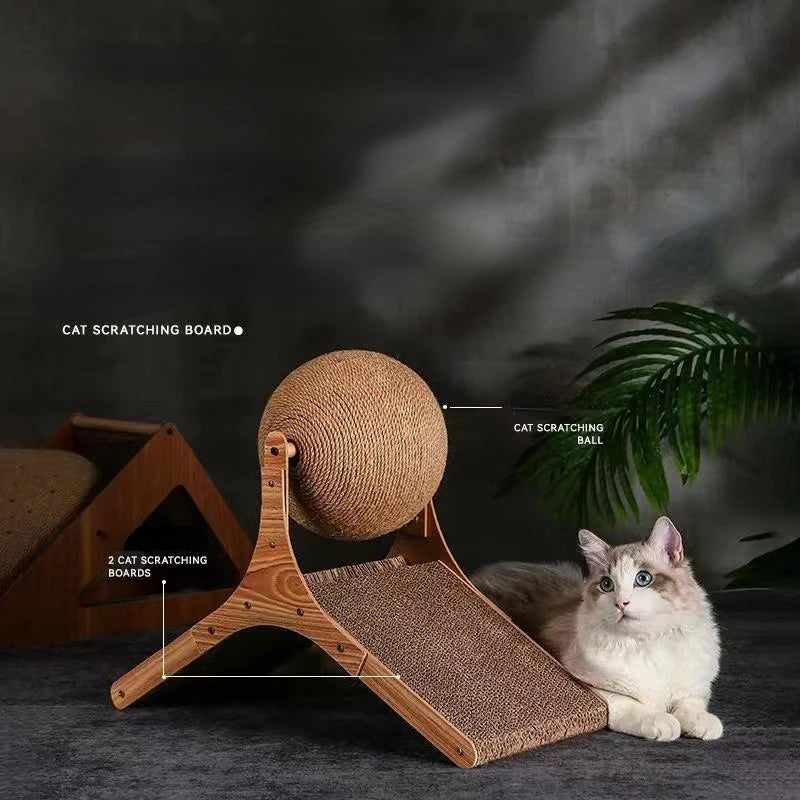 Katzen-Kratzbrett Holz Katze Klettergerüst Vertikal Kratzfestes Katzenspielzeug Rotierender Sisal-Seil Katze Greifball Kratzbaum
