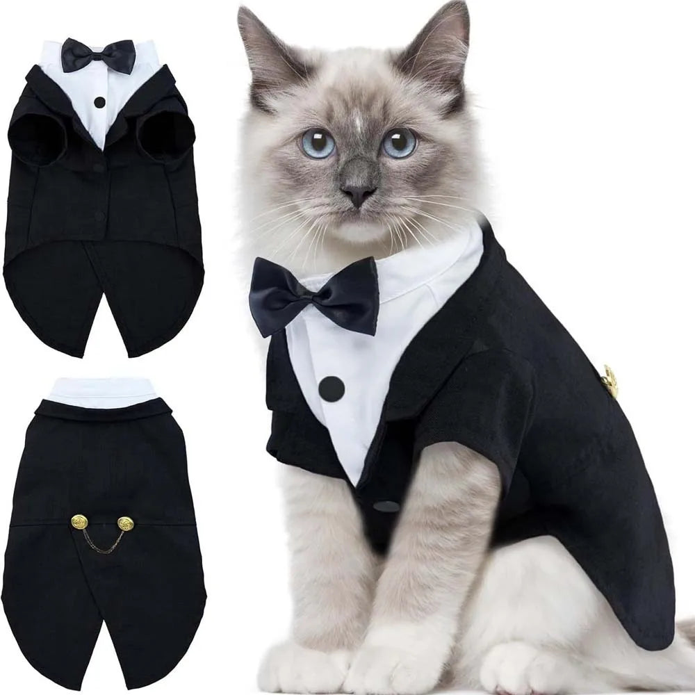 Cat Shirt Vest Clothing Cat Birthday Tailcoat Clothes Wedding Dress with Tie Formal Attire Wedding Birthday Cat Vest Bowknot Tie