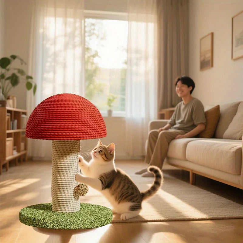 Roter Katzenkratzbaum in Pilzform mit Sisal-Kratzfläche, Mini-Haustiervilla & grünem Pompon-Sockel