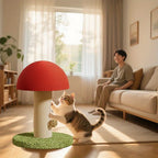 Roter Katzenkratzbaum in Pilzform mit Sisal-Kratzfläche, Mini-Haustiervilla & grünem Pompon-Sockel