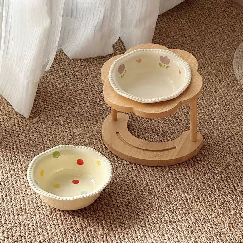 Ceramic Pet Cat Bowl High-legged Wooden Frame Drinking Water Feeding Bowl Cat Dog Pet Supplies Accessories