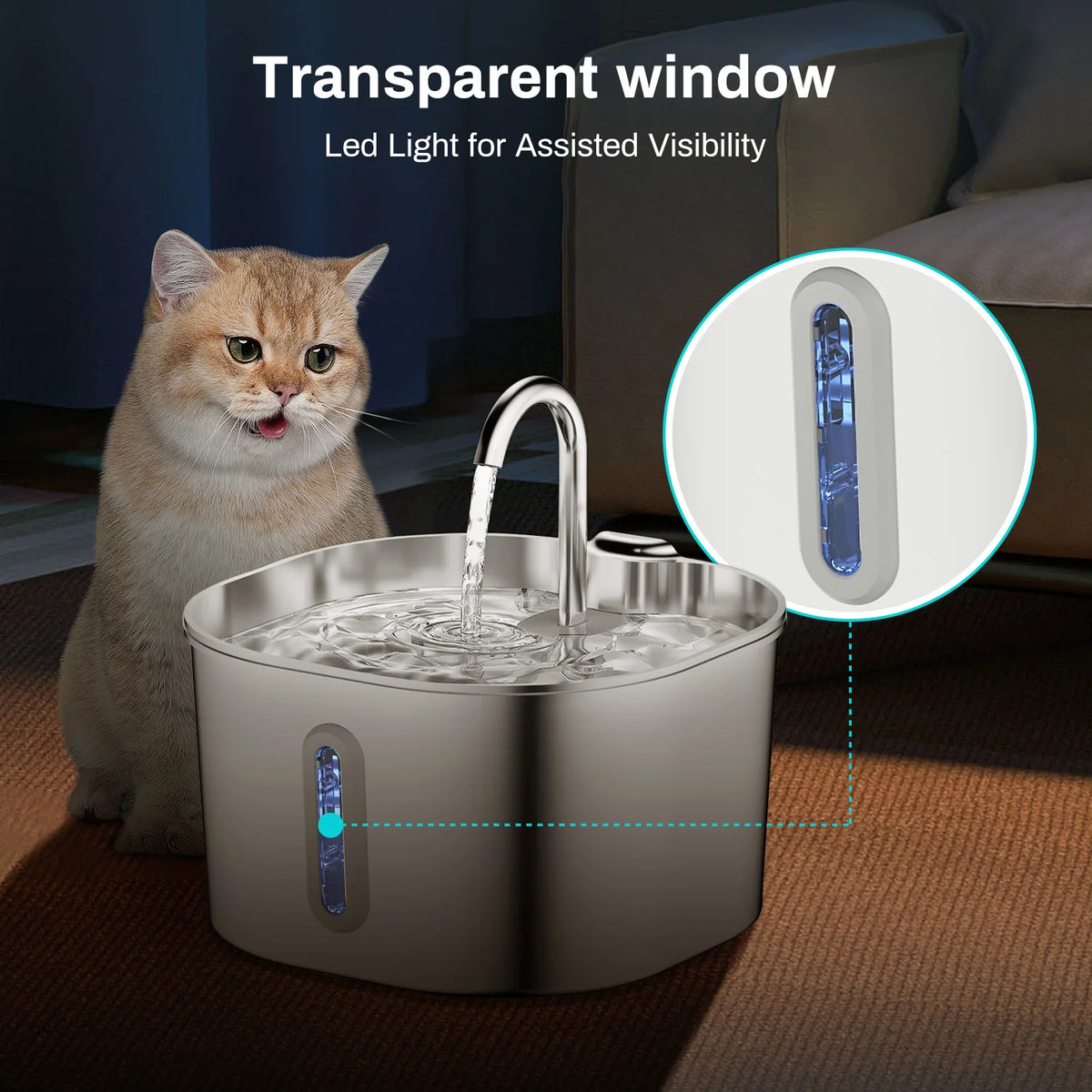 ZYFeeder 2.2L Avtomatik Pişik Su Fəvvarəsi Kvadrat Paslanmayan Polad Heyvan Su Qidalandırıcı Pəncərəli İt Su Fəvvarəsi (5V 1A Şəbəkə Keçidi daxil deyil)