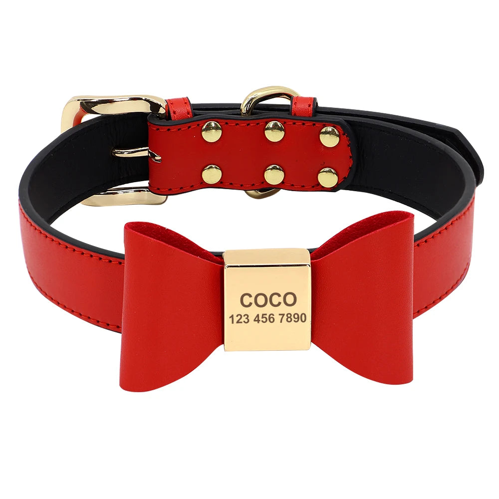 Custom PU Leather Dog Collar Soft Bowknot Pet Collars 8 Colors Free Engraved Name Puppy Cat Necklace for Small Medium Large Dogs