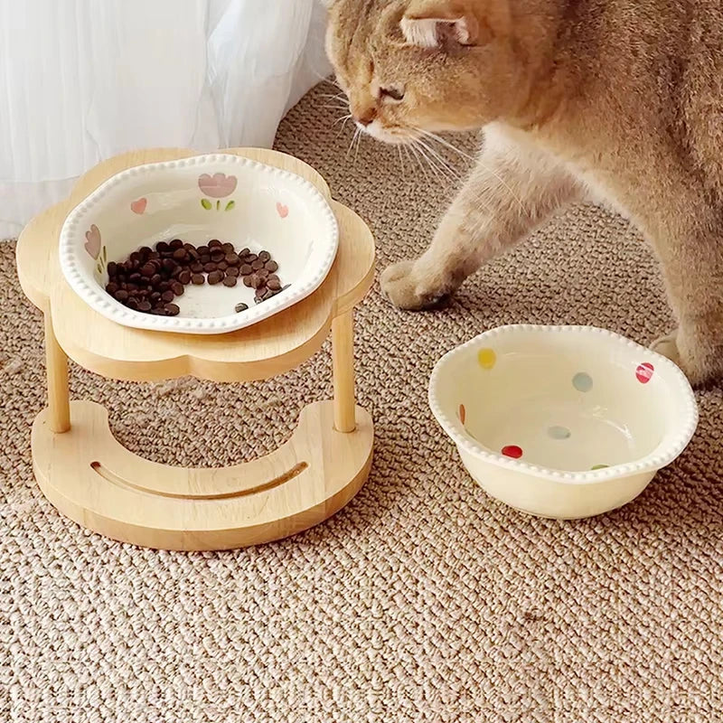 Ceramic Pet Cat Bowl High-legged Wooden Frame Drinking Water Feeding Bowl Cat Dog Pet Supplies Accessories