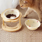 Ceramic Pet Cat Bowl High-legged Wooden Frame Drinking Water Feeding Bowl Cat Dog Pet Supplies Accessories