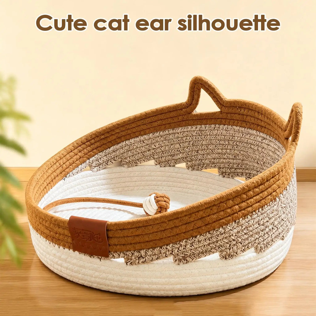 Cat Scratcher Bed With Toy Ball Cute Breathable Woven Pet Nest Cat Basket Bed For Enrichment Stimulation Indoor Sleeping