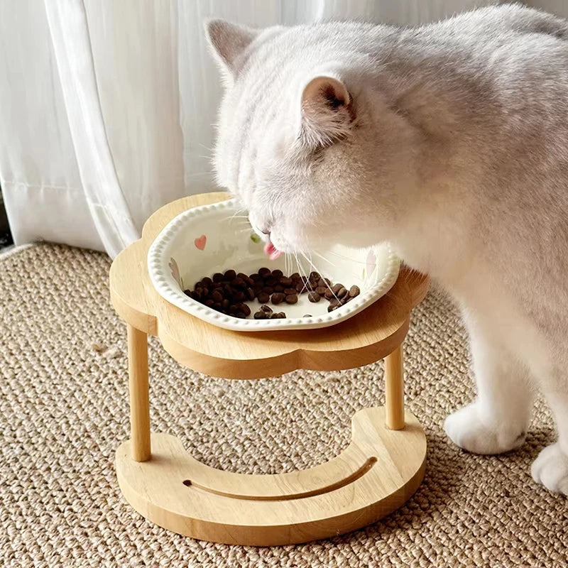 Ceramic Pet Cat Bowl High-legged Wooden Frame Drinking Water Feeding Bowl Cat Dog Pet Supplies Accessories