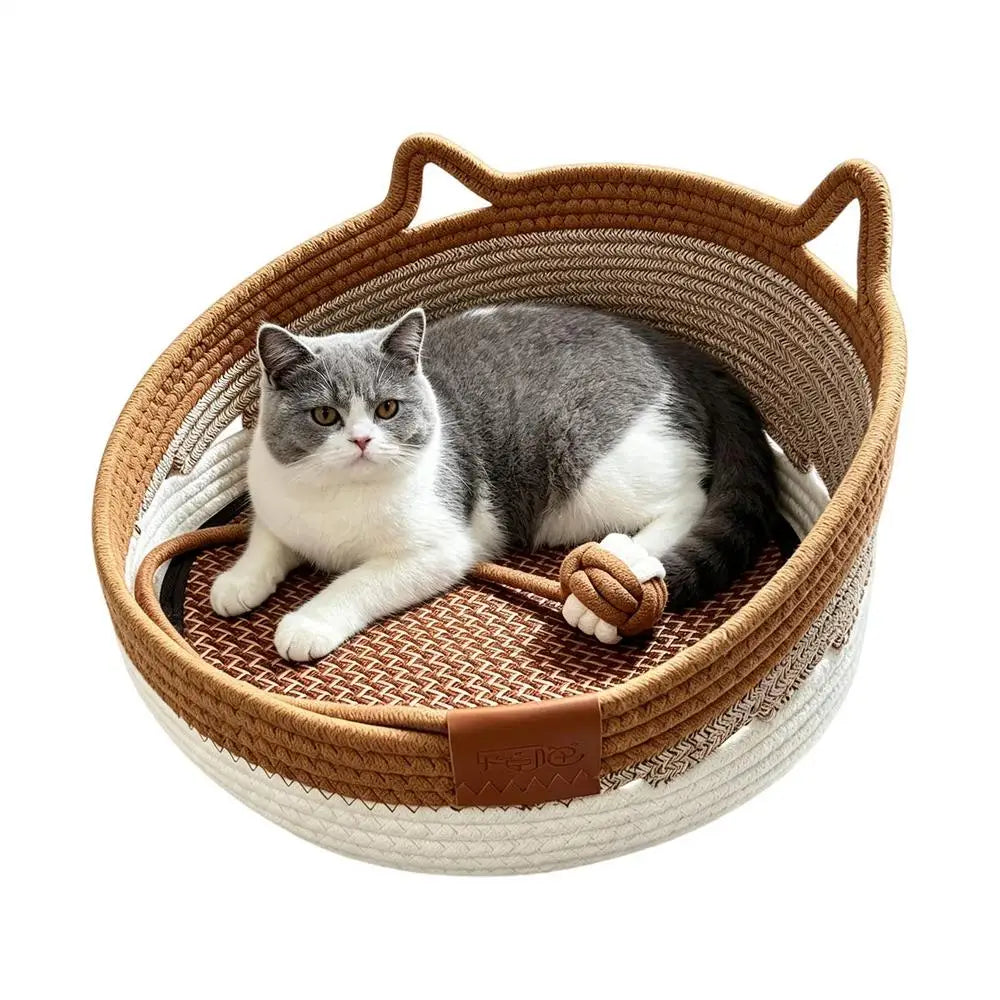 Cat Scratcher Bed With Toy Ball Cute Breathable Woven Pet Nest Cat Basket Bed For Enrichment Stimulation Indoor Sleeping