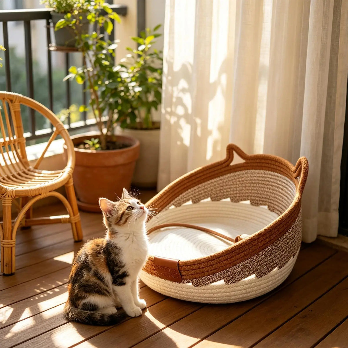Cat Scratcher Bed With Toy Ball Cute Breathable Woven Pet Nest Cat Basket Bed For Enrichment Stimulation Indoor Sleeping