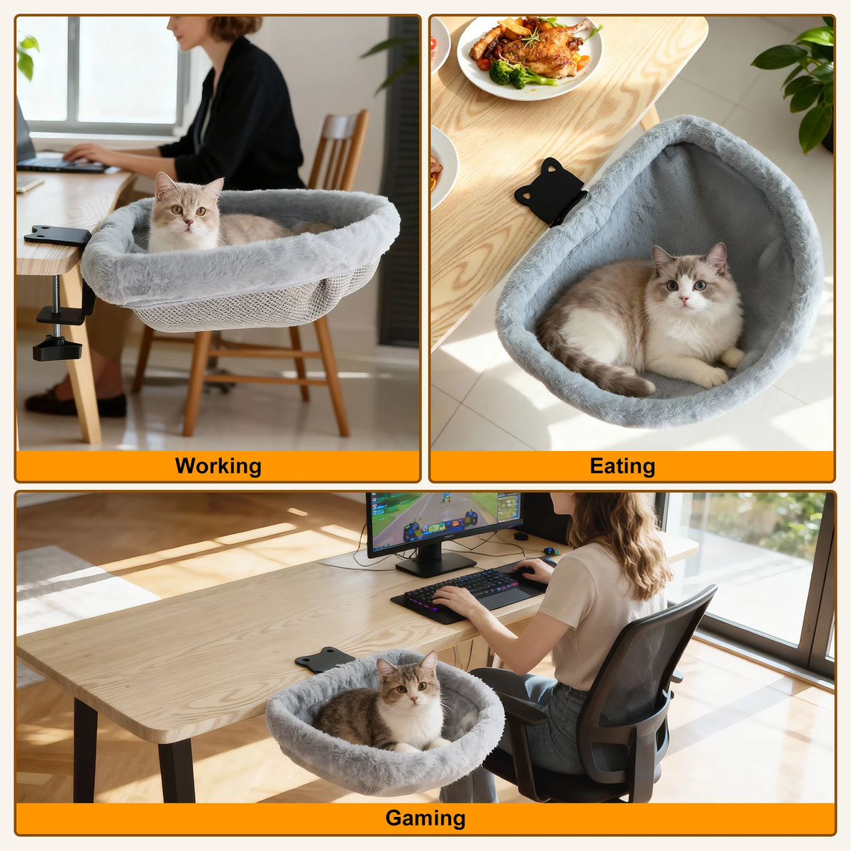 Katzen-Schreibtischbett, einfaches Zusammenklappen, versenktes Design, platzsparend, halbkreisförmige Katzen-Schreibtisch-Hängematte für Heimbüros und Wohnungskatzen