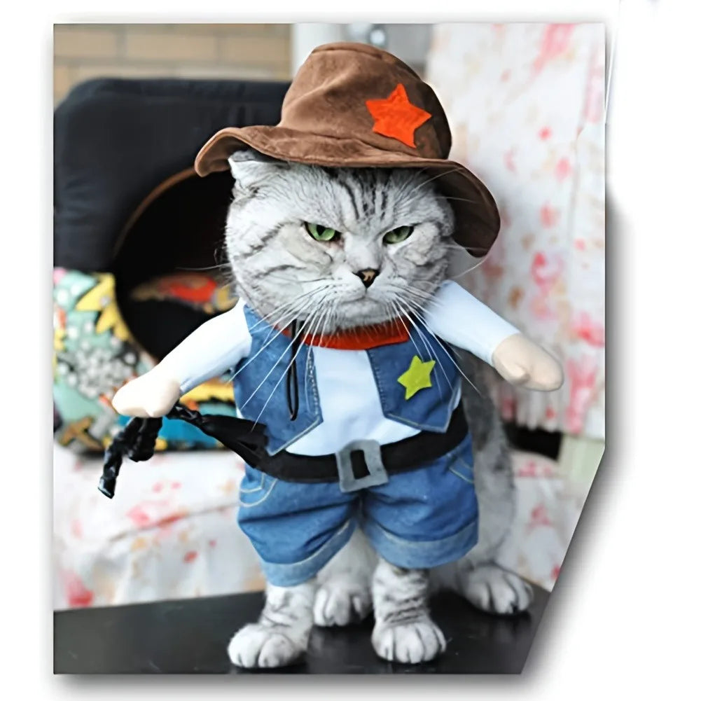 Cowboy Verwandlungs-Haustierkostüm Lustiges Katzen-Cosplay-Outfit mit Hut Halloween-Weihnachtsfeier-Verkleidungskleidung für kleine und mittelgroße Tiere