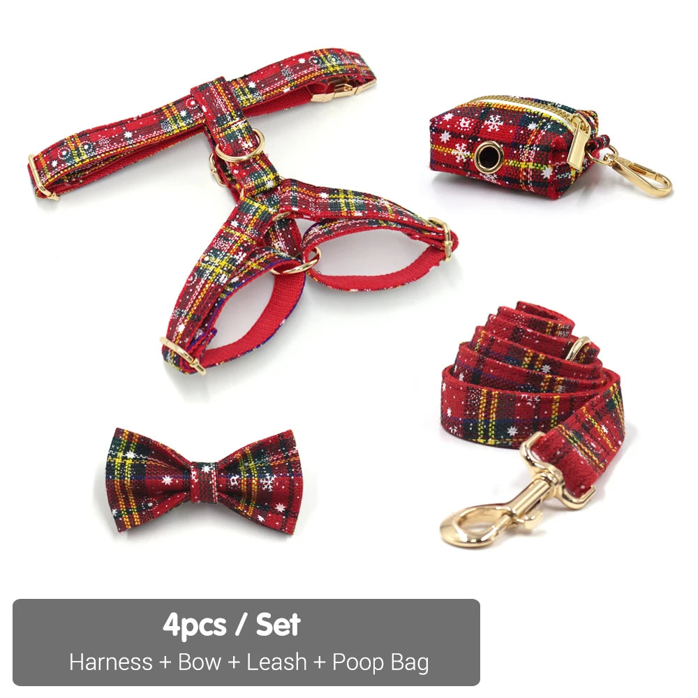 Dog Collar Christmas Luxury 5pcs Gift Set for Pets Personalized Dog Harness Bow Collar Lead Poop Bag Custom Mini Size Cat Collar