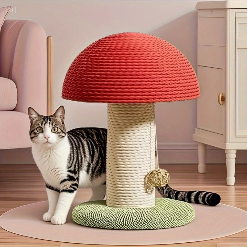 Roter Katzenkratzbaum in Pilzform mit Sisal-Kratzfläche, Mini-Haustiervilla & grünem Pompon-Sockel
