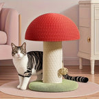 Roter Katzenkratzbaum in Pilzform mit Sisal-Kratzfläche, Mini-Haustiervilla & grünem Pompon-Sockel
