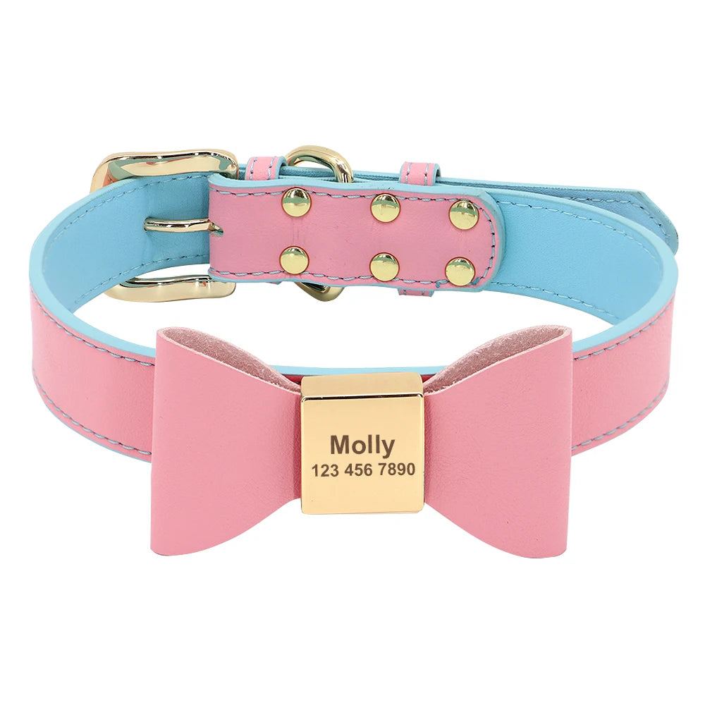 Custom PU Leather Dog Collar Soft Bowknot Pet Collars 8 Colors Free Engraved Name Puppy Cat Necklace for Small Medium Large Dogs